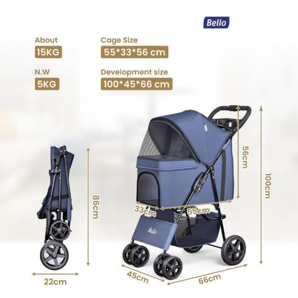 BELLO Pet Stroller Foldable Classic Lightweight SP02 Gray Pet Bag and Stroller Bello 