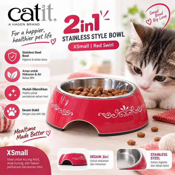 CATIT Tempat Makan 2in1 Stainless Style Bowl XSmall Red Swirl no type Tidak ada merek 