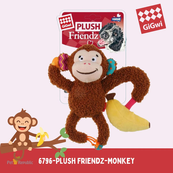 GIGWI 6796 Mainan Anjing Plush Friendz Monkey with squeaker and crinkle paper Dog Toy Tidak ada merek 