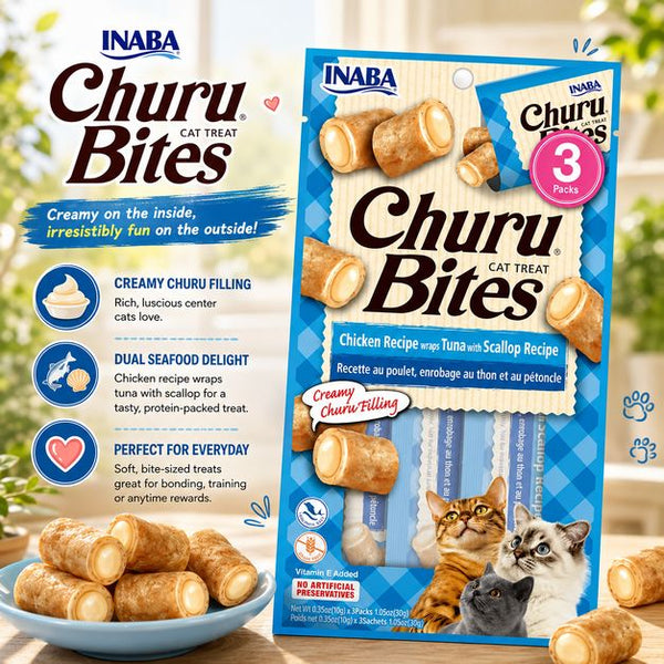 INABA Snack Kucing Churu Bites Chicken Recipe Wraps Tuna Scallop 30gr no type Tidak ada merek 