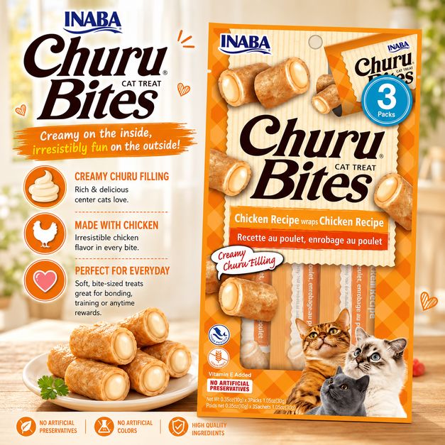 INABA Snack Kucing Churu Bites Chicken Wraps Chicken Recipe 30gr no type Tidak ada merek 