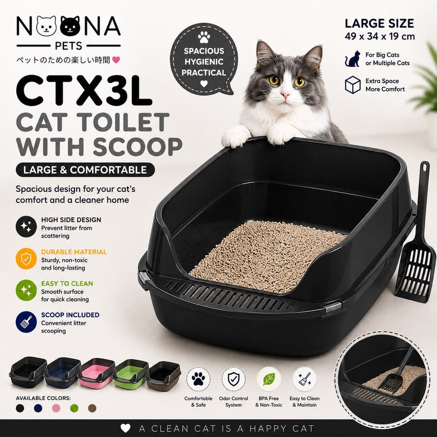 NOONA CTX3L Cat Toilet With Scoop Black Large 49x34x19cm Hobi & Koleksi > Perawatan Hewan > Grooming Hewan Noona 