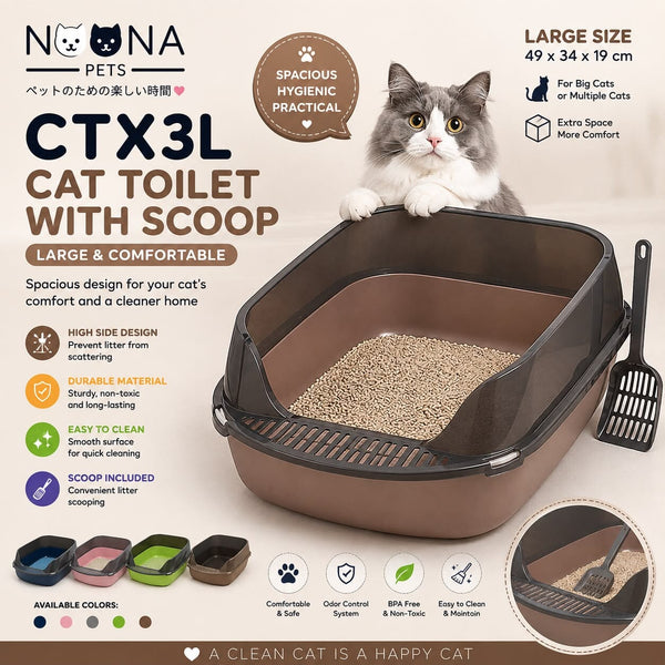 NOONA CTX3L Cat Toilet With Scoop Brown Large 49x34x19cm Cat Sanitation Noona 