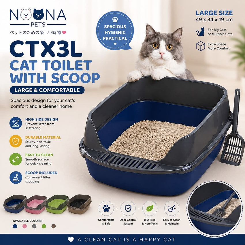 NOONA CTX3L Cat Toilet With Scoop Dark Blue Large 49x34x19cm Cat Sanitation Tidak Ada Merek 