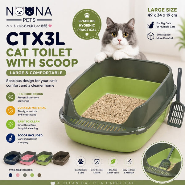 NOONA CTX3L Cat Toilet With Scoop Green Large 49x34x19cm Cat Sanitation Tidak Ada Merek 