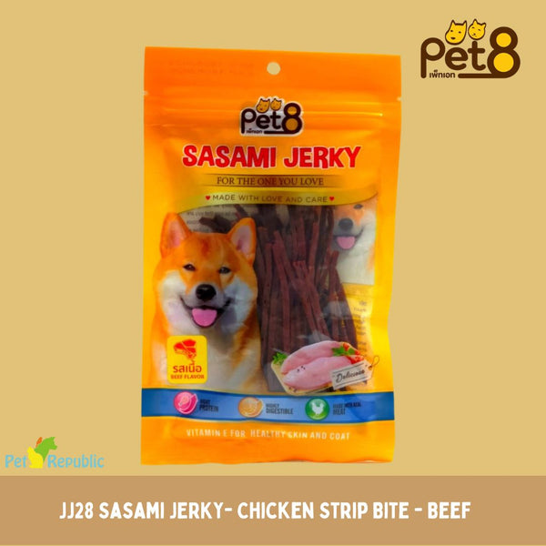 PET8 Snack Anjing Dog Snack Chicken Strip Bite Beef 45g no type Tidak ada merek 