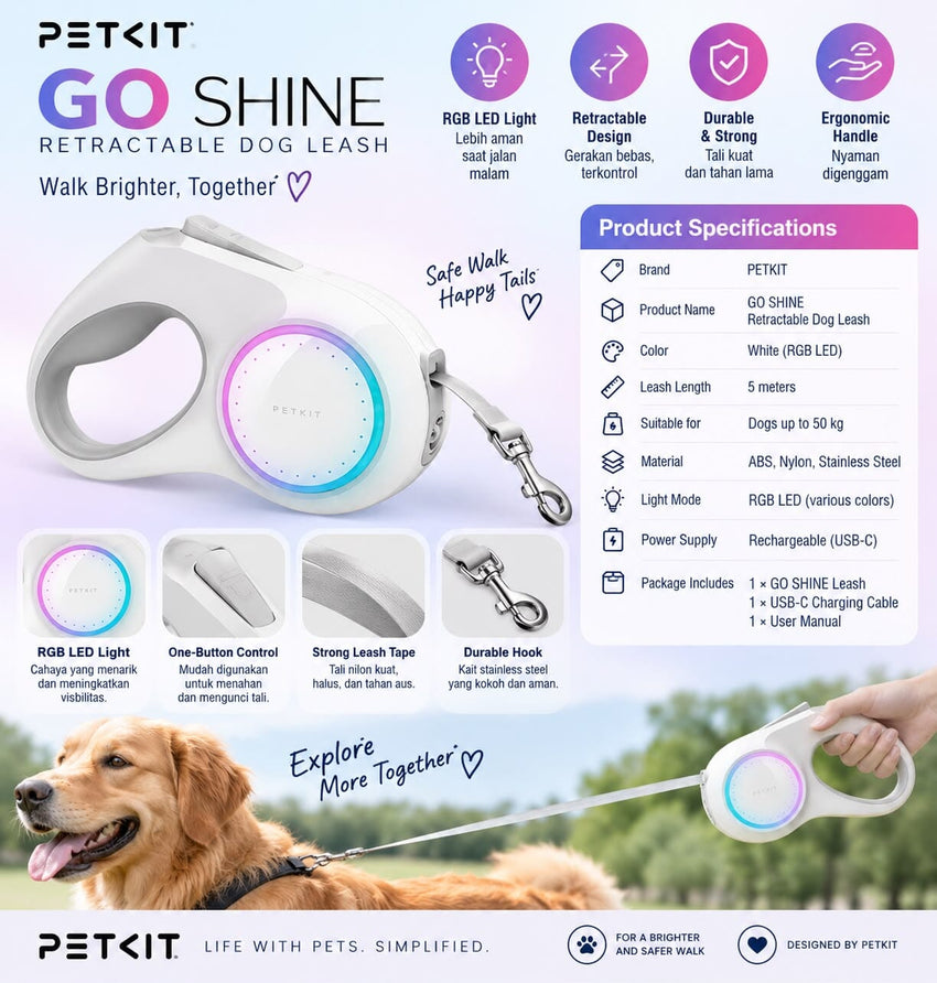 PETKIT Tali Tuntun Anjing Go Shine Retractable Dog Leash no type Tidak ada merek 