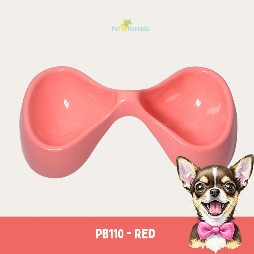 Tempat Makan Anjing TOPINDO PB110 Bowtie Double Bowl RED 30cm Pet Bowl Topindo 